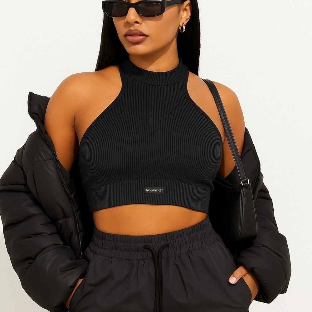 New S Fashion Nova Sport Small Ribbed Crop Top High Neck Bra Stone Acid Washed